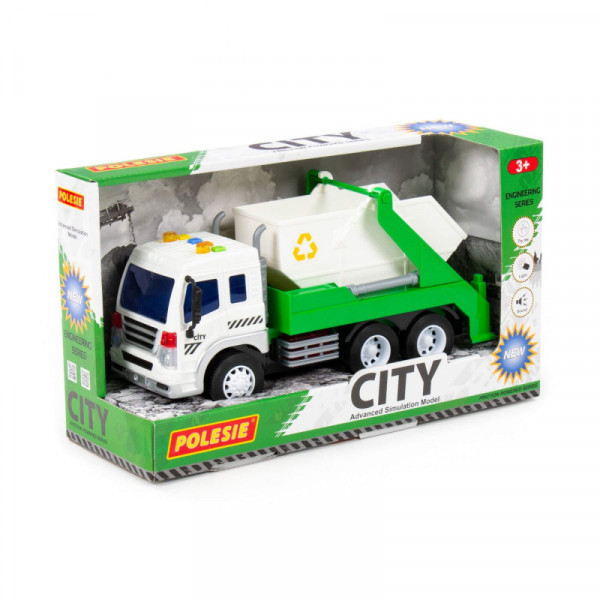 "City", samochód inercyjny do przewozu kontenerów  (ze światłem i dźwiękiem) (zielony) (w pudełku)