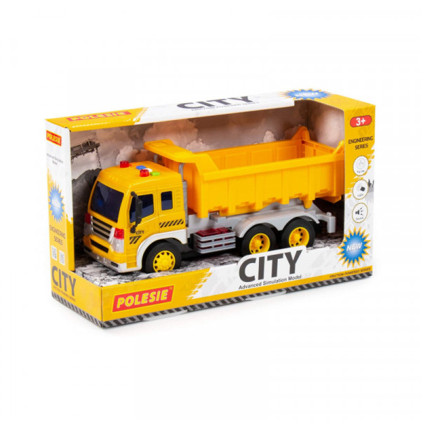 "City", samochód-wywrotka inercyjny (ze światłem i dźwiękiem) (żółty) (w pudełku)