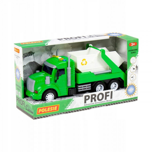 "Profi", samochód inercyjny do przewozu kontenerów (ze światłem i dźwiękiem) (zielony) (w pudełku)