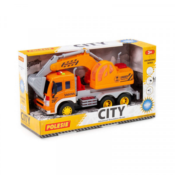 "City", samochód-koparka inercyjny (ze światłem i dźwiękiem) (pomarańczowy) (w pudełku)