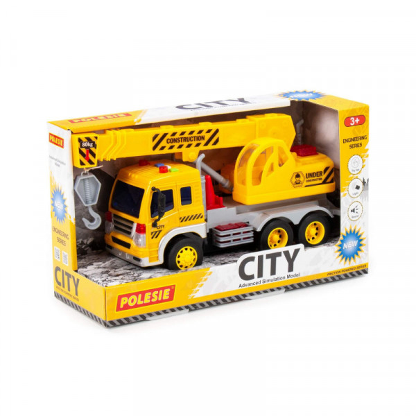 "City", samochód-dźwig inercyjny (ze światłem i dźwiękiem) (żółty) (w pudełku)