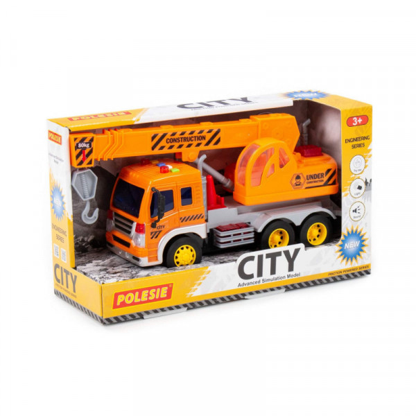 "City", samochód-dźwig inercyjny (ze światłem i dźwiękiem) (pomarańczowy) (w pudełku)