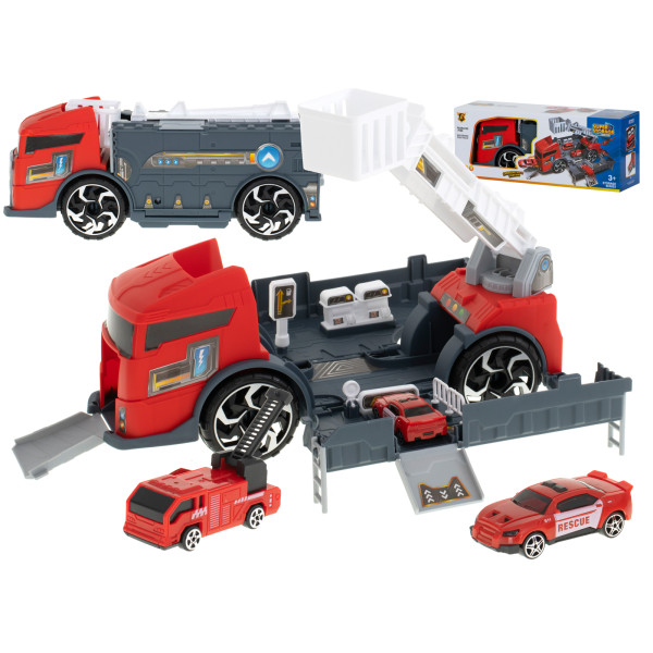 Transporter ciężarówka TIR 2w1 parking laweta straż pożarna + 3 auta czerwona
